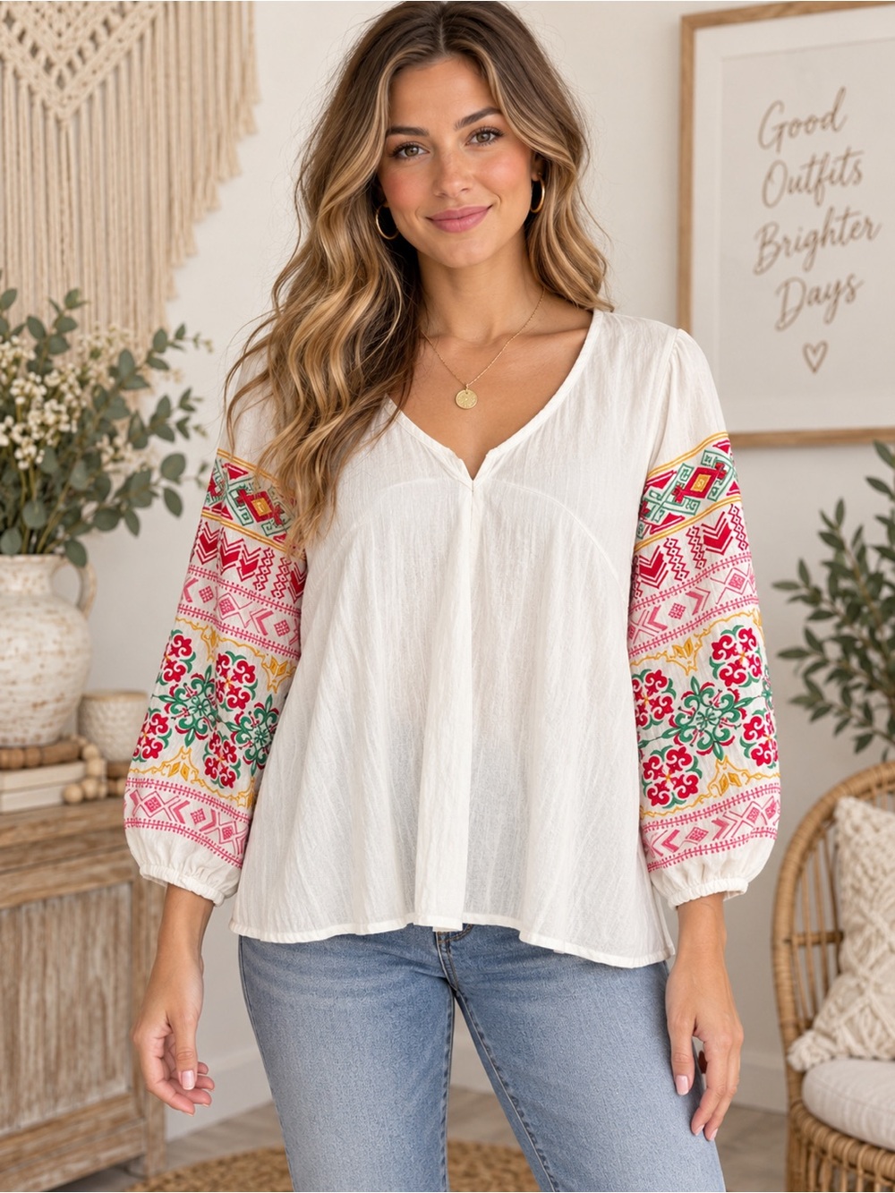 150 NWT Savanna Jane White Peasant Top with Embroidered Balloon Sleeves